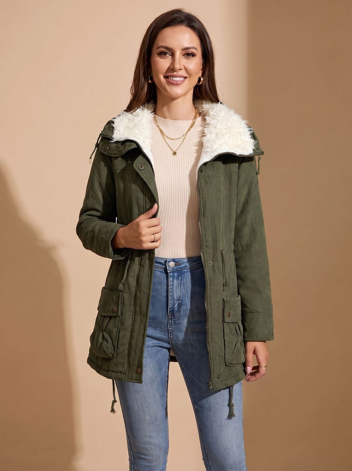 Women's Faux-Fur Collar Drawstring Waist Winter Parka Coat