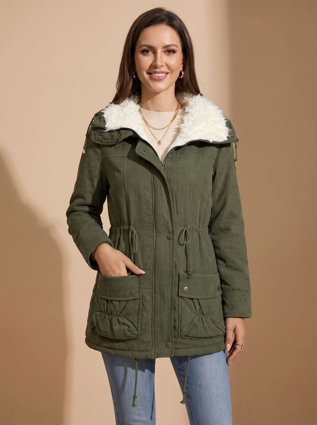 Women's Faux-Fur Collar Drawstring Waist Winter Parka Coat