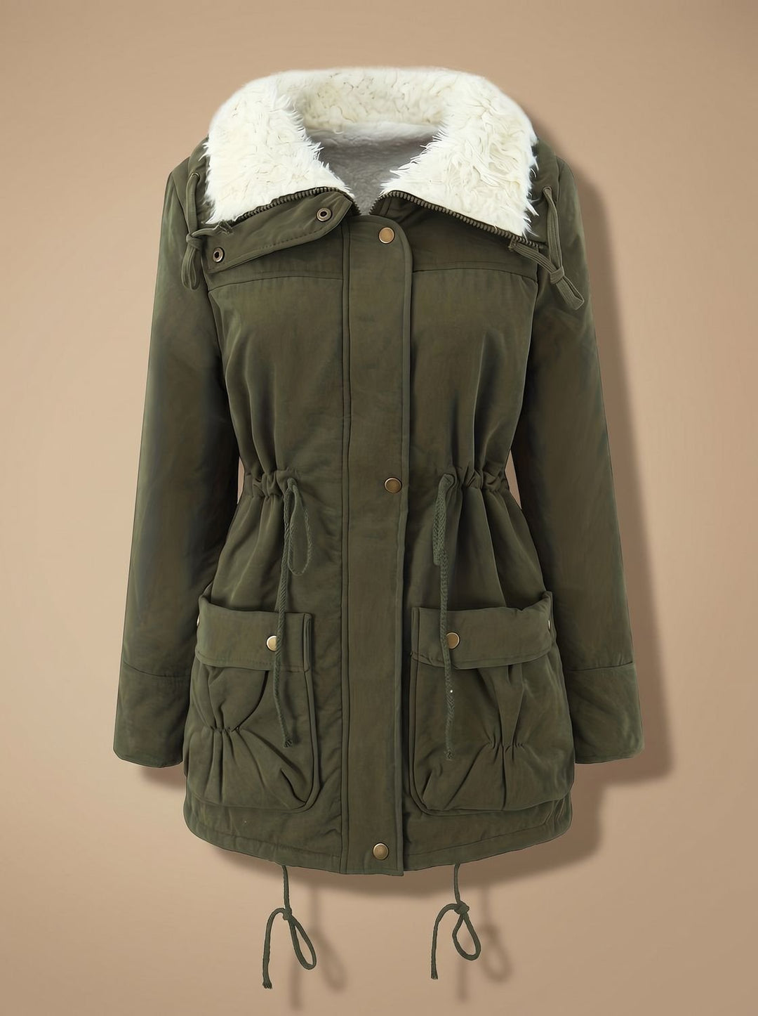 Women's Faux-Fur Collar Drawstring Waist Winter Parka Coat