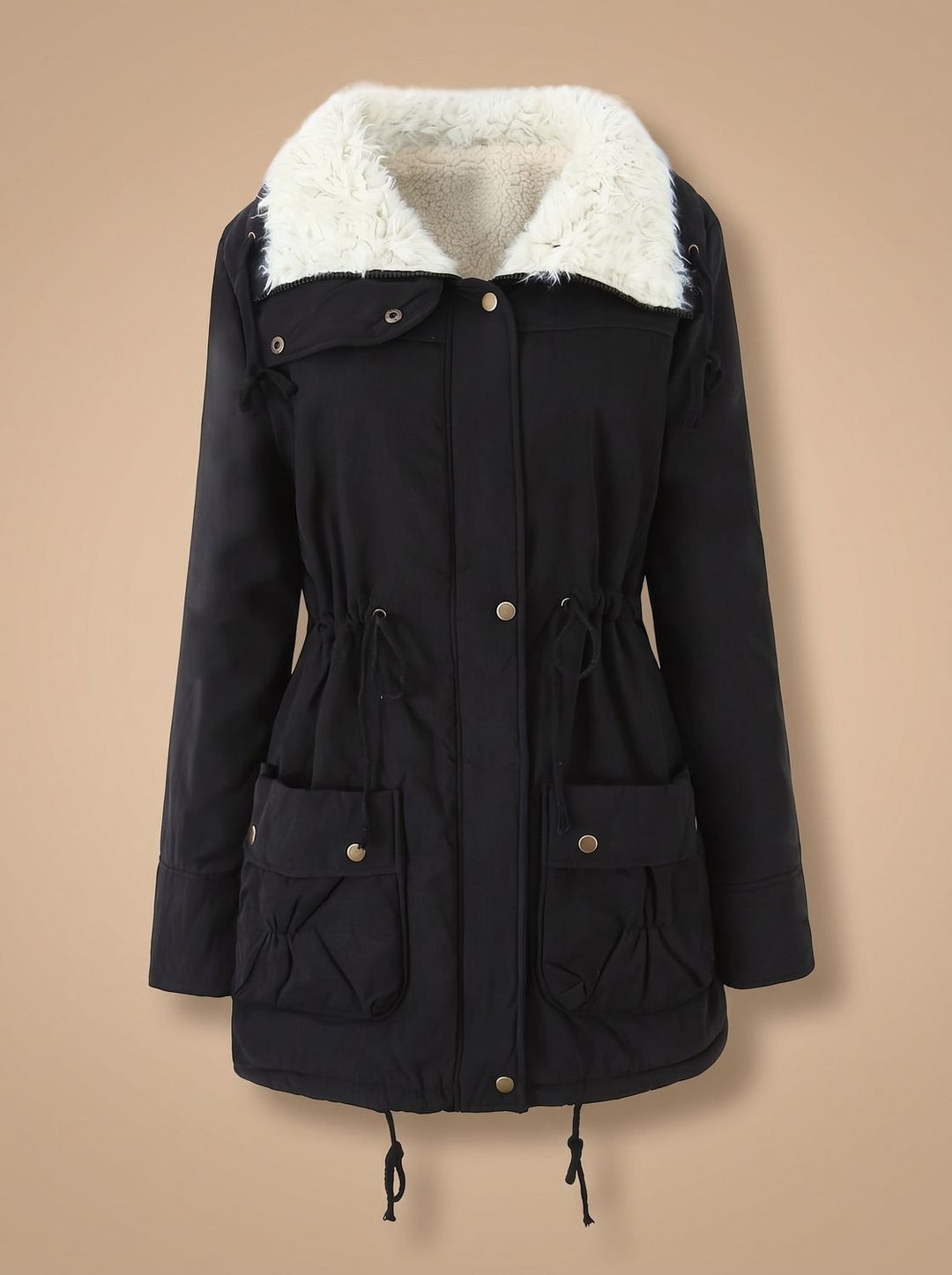 Women's Faux-Fur Collar Drawstring Waist Winter Parka Coat