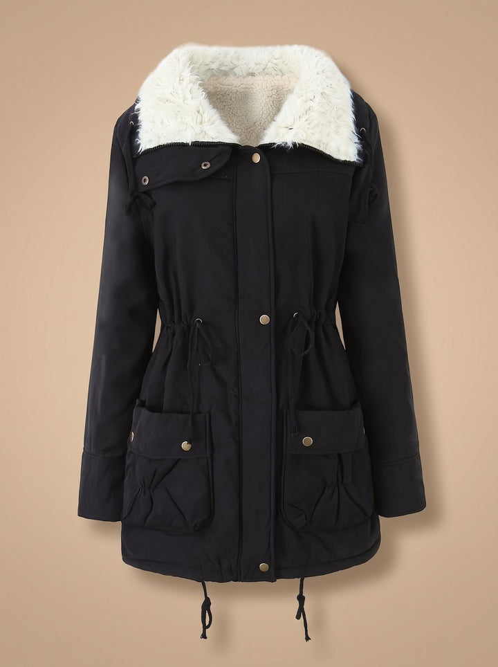Women's Faux-Fur Collar Drawstring Waist Winter Parka Coat