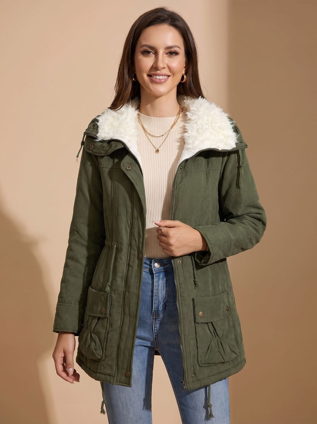 Women's Faux-Fur Collar Drawstring Waist Winter Parka Coat - Olive Green