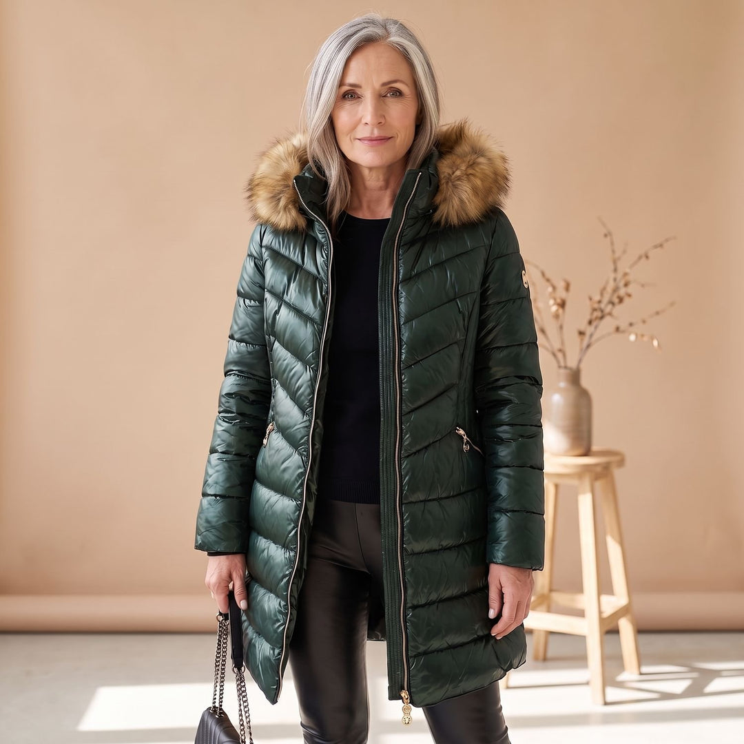 Women's Faux Fur Collar Quilted Puffer Coat - Green