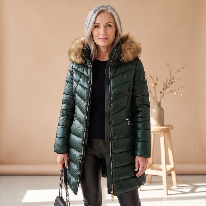 Women's Faux Fur Collar Quilted Puffer Coat - Green