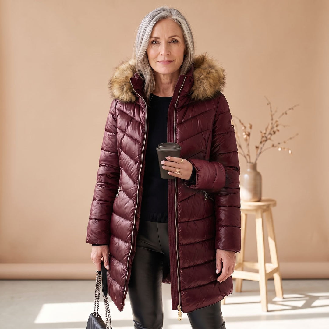 Women's Faux Fur Collar Quilted Puffer Coat - Red