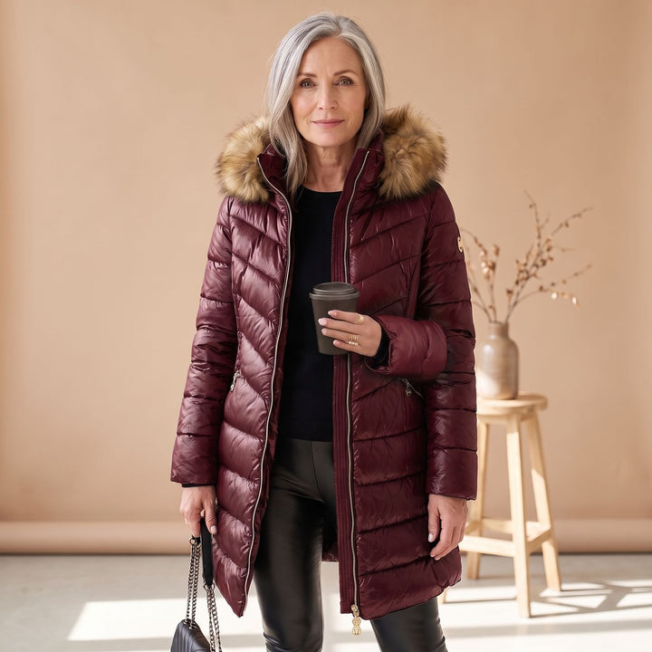 Women's Faux Fur Collar Quilted Puffer Coat - Red