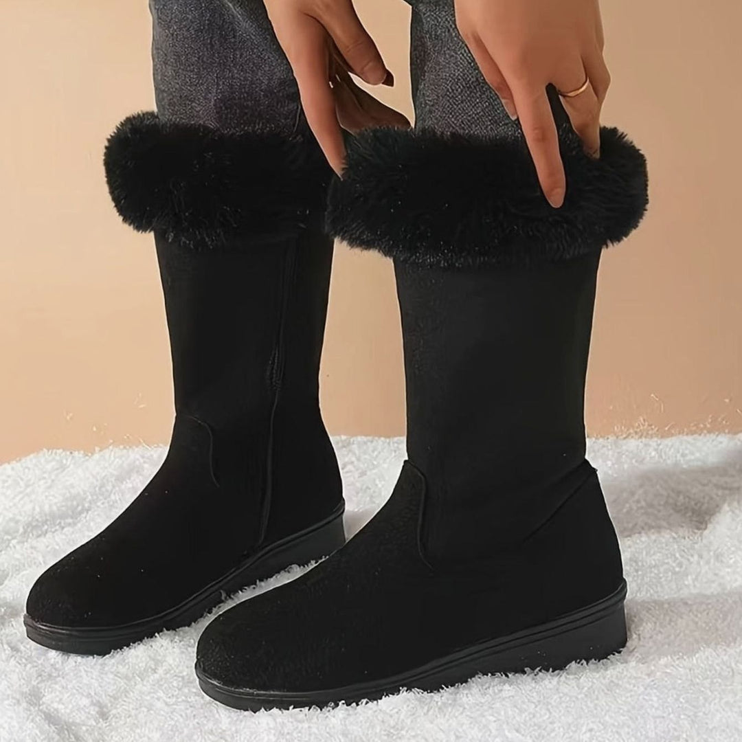 Women's Faux-Fur Cuffed Slip-On Mid-Calf Snow Boots - Black