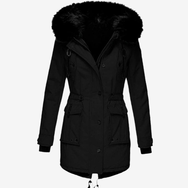 Women's Faux Fur Hood Fitted Parka Winter Coat - Black