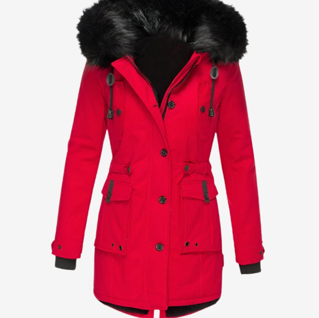 Women's Faux Fur Hood Fitted Parka Winter Coat - Red
