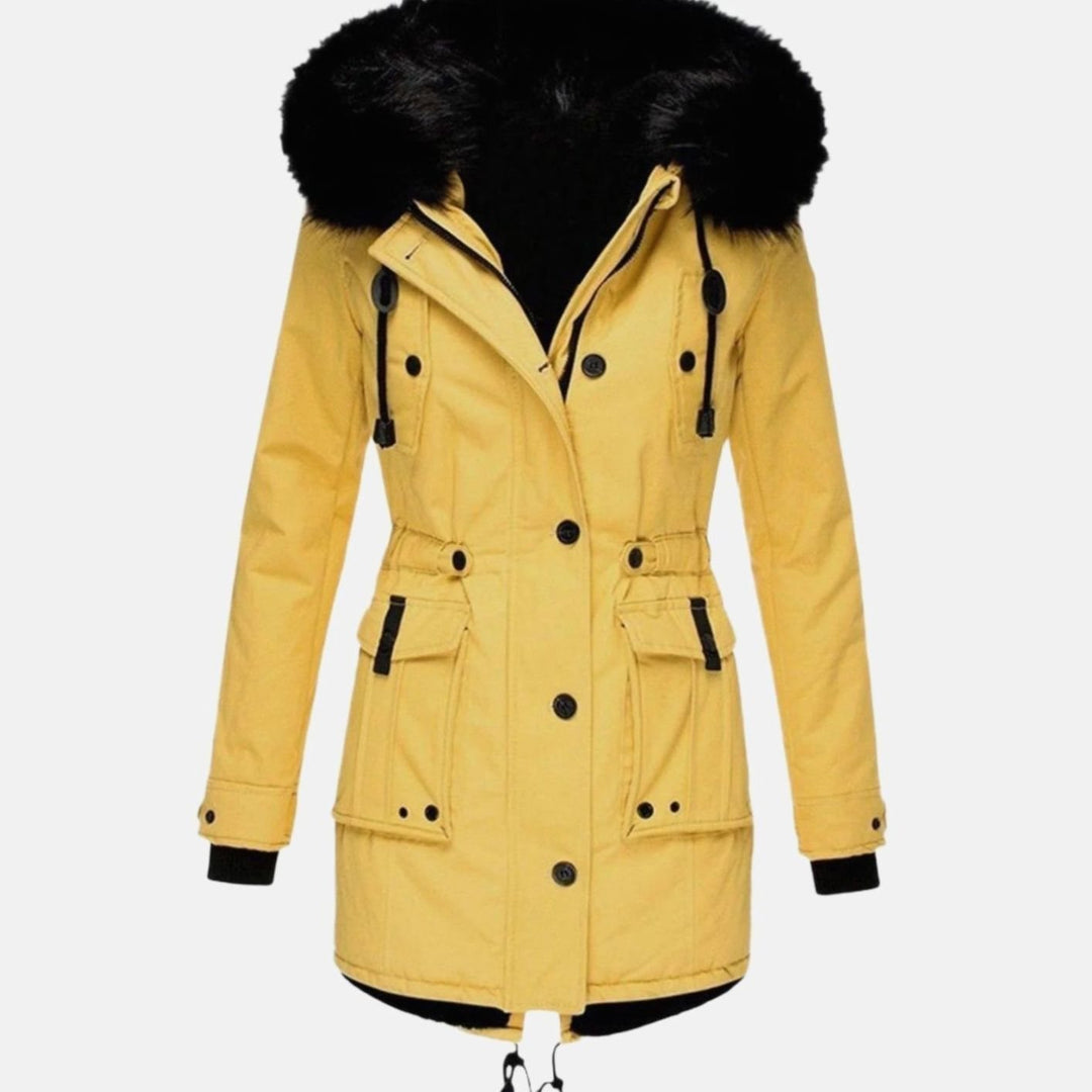 Women's Faux Fur Hood Fitted Parka Winter Coat - Yellow