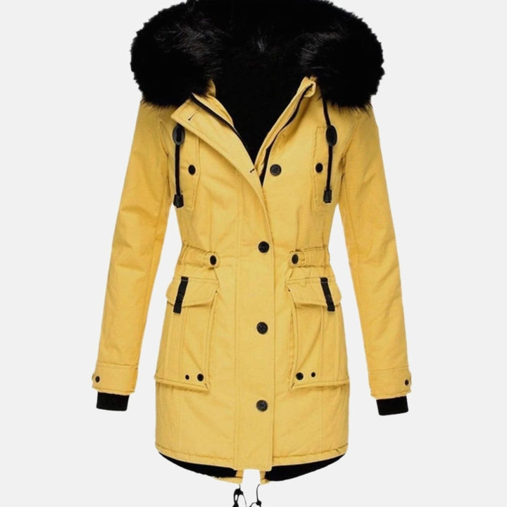 Women's Faux Fur Hood Fitted Parka Winter Coat - Yellow