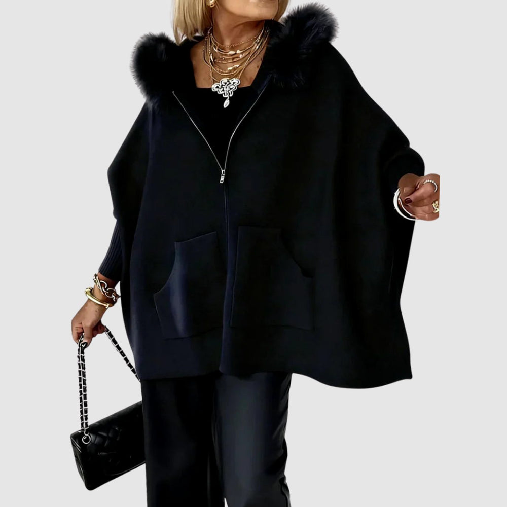 Women's Faux Fur Hood Zip-Up Poncho Cape Coat - Black