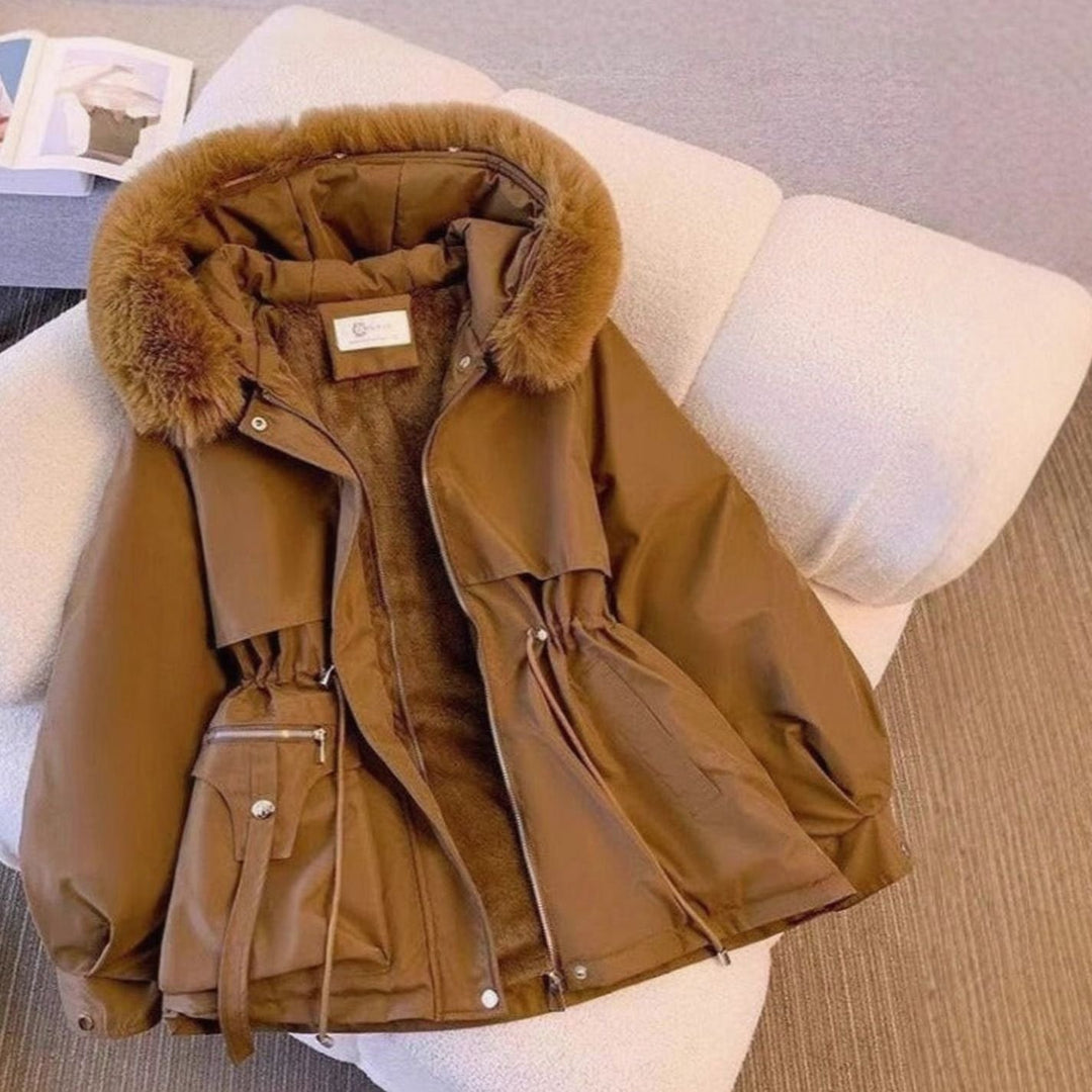 Women's Faux Fur Hooded Drawstring-Waist Winter Coat - Brown