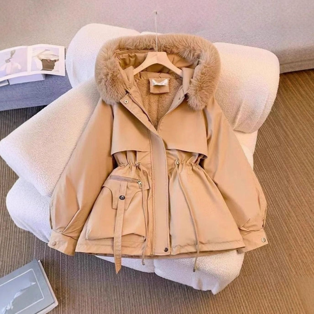 Women's Faux Fur Hooded Drawstring-Waist Winter Coat - Khaki