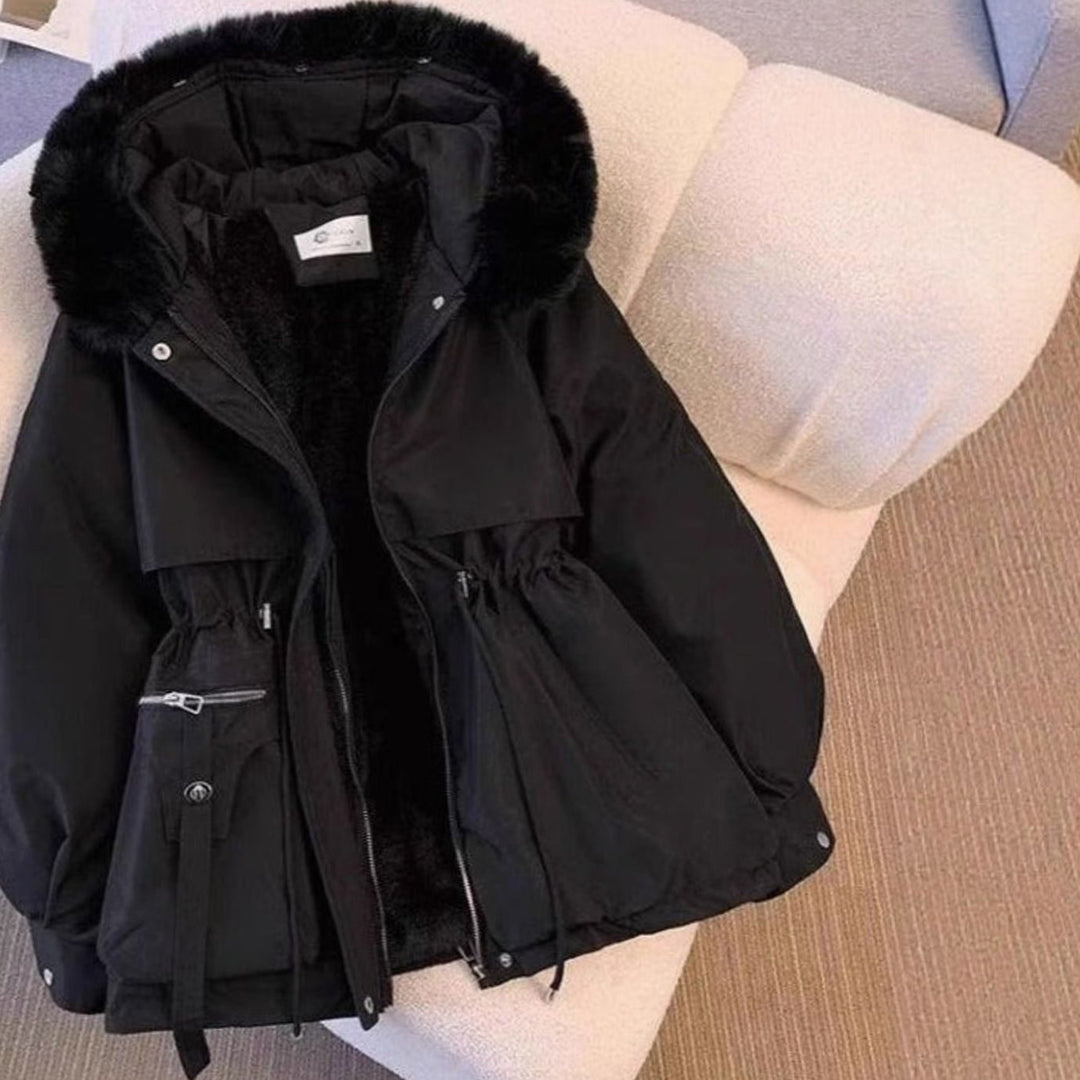 Women's Faux Fur Hooded Drawstring-Waist Winter Coat - Black