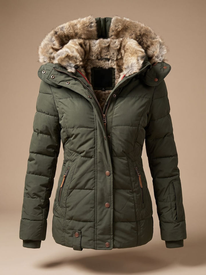 Women's Faux-Fur Hooded Quilted Puffer Winter Coat - Green