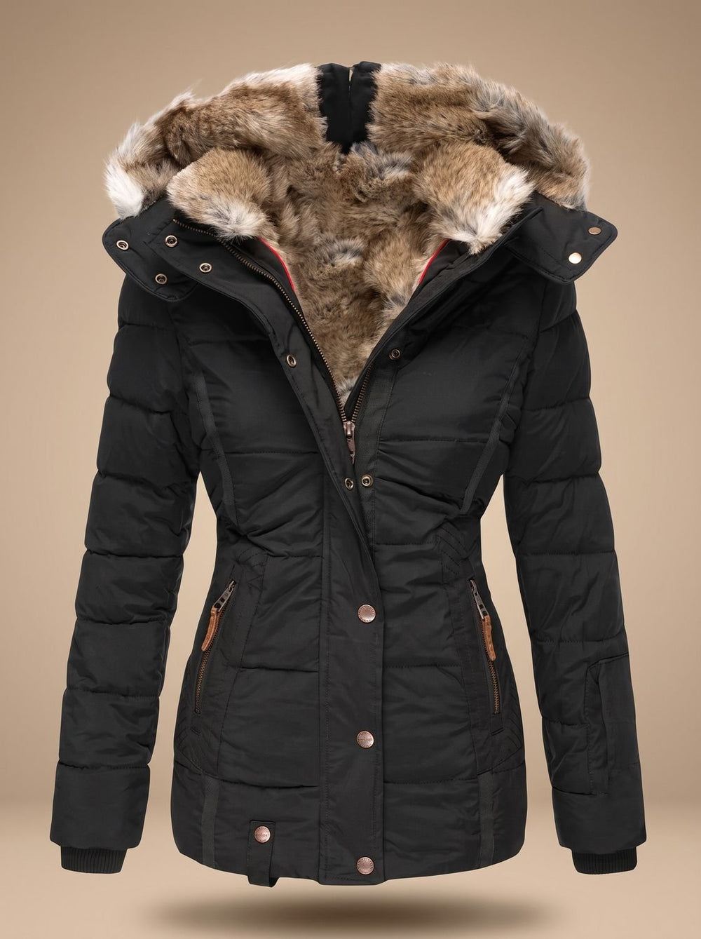 Women's Faux-Fur Hooded Quilted Puffer Winter Coat - Black