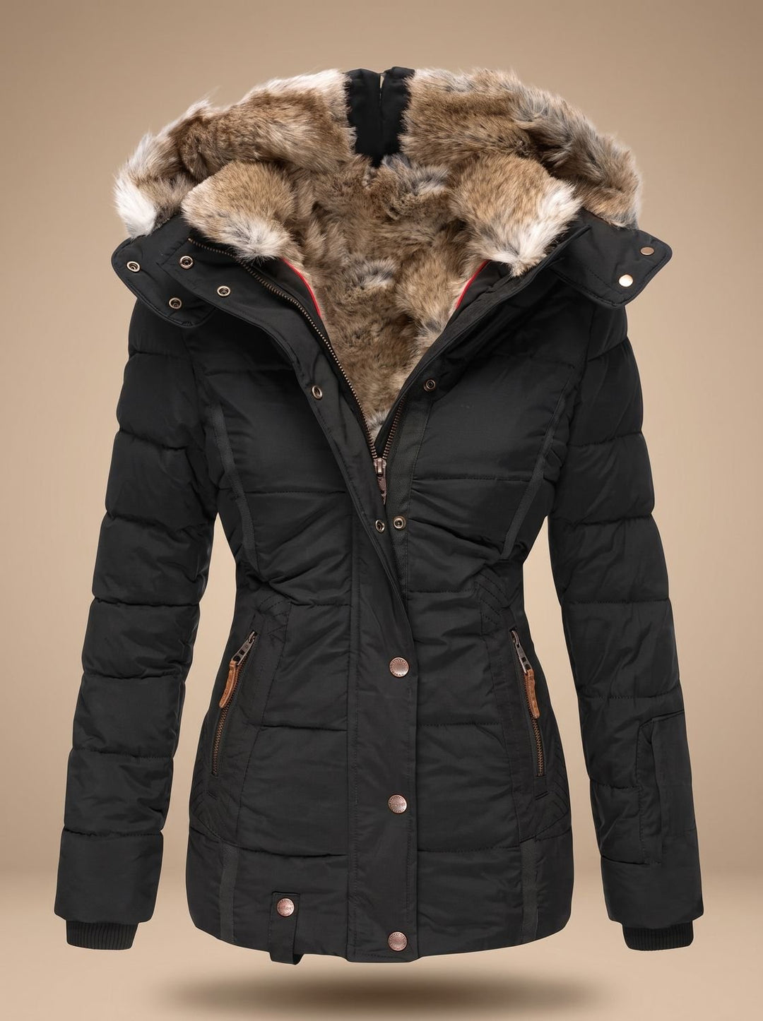 Women's Faux-Fur Hooded Quilted Puffer Winter Coat - Black