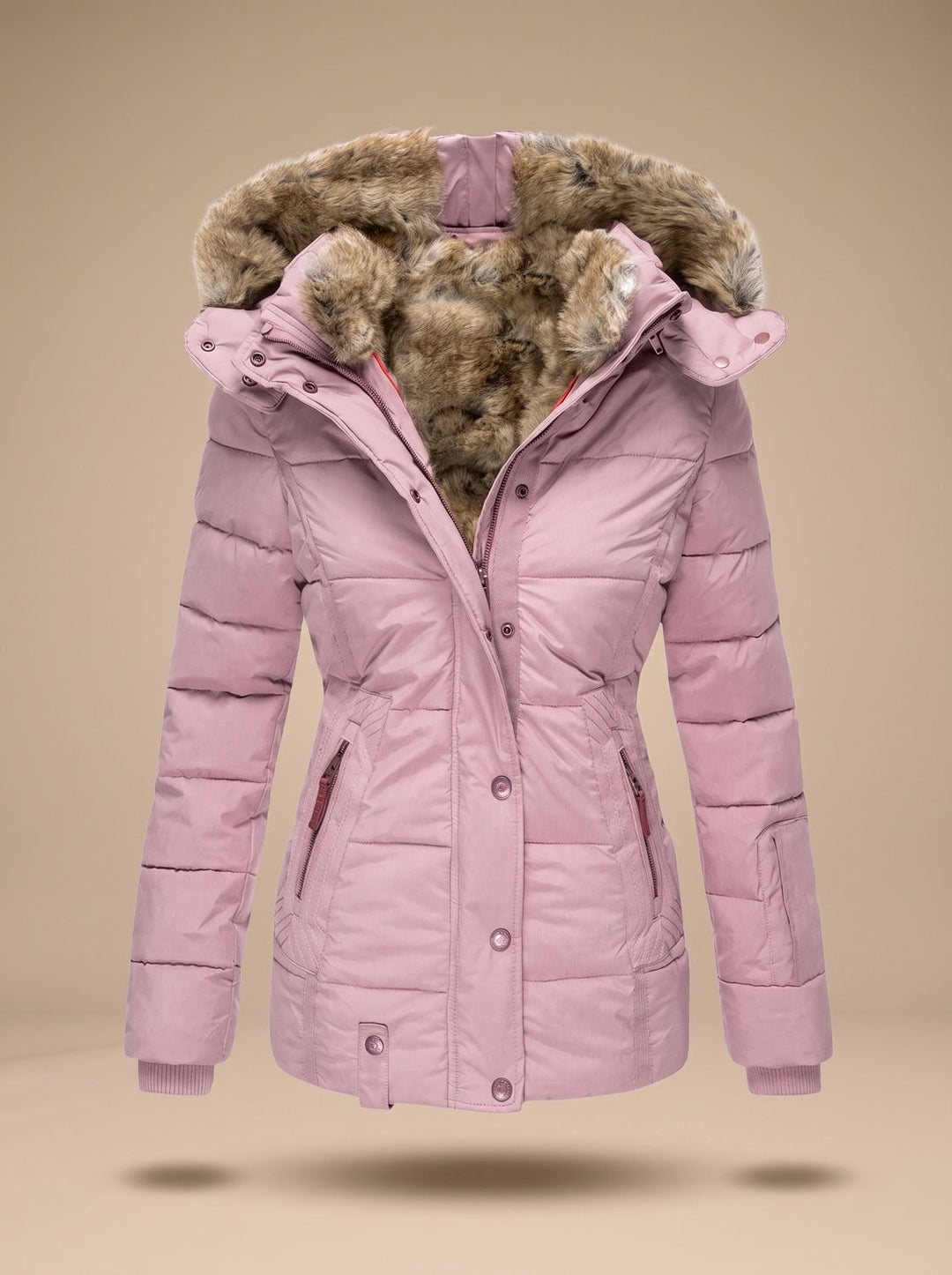 Women's Faux-Fur Hooded Quilted Puffer Winter Coat - Pink
