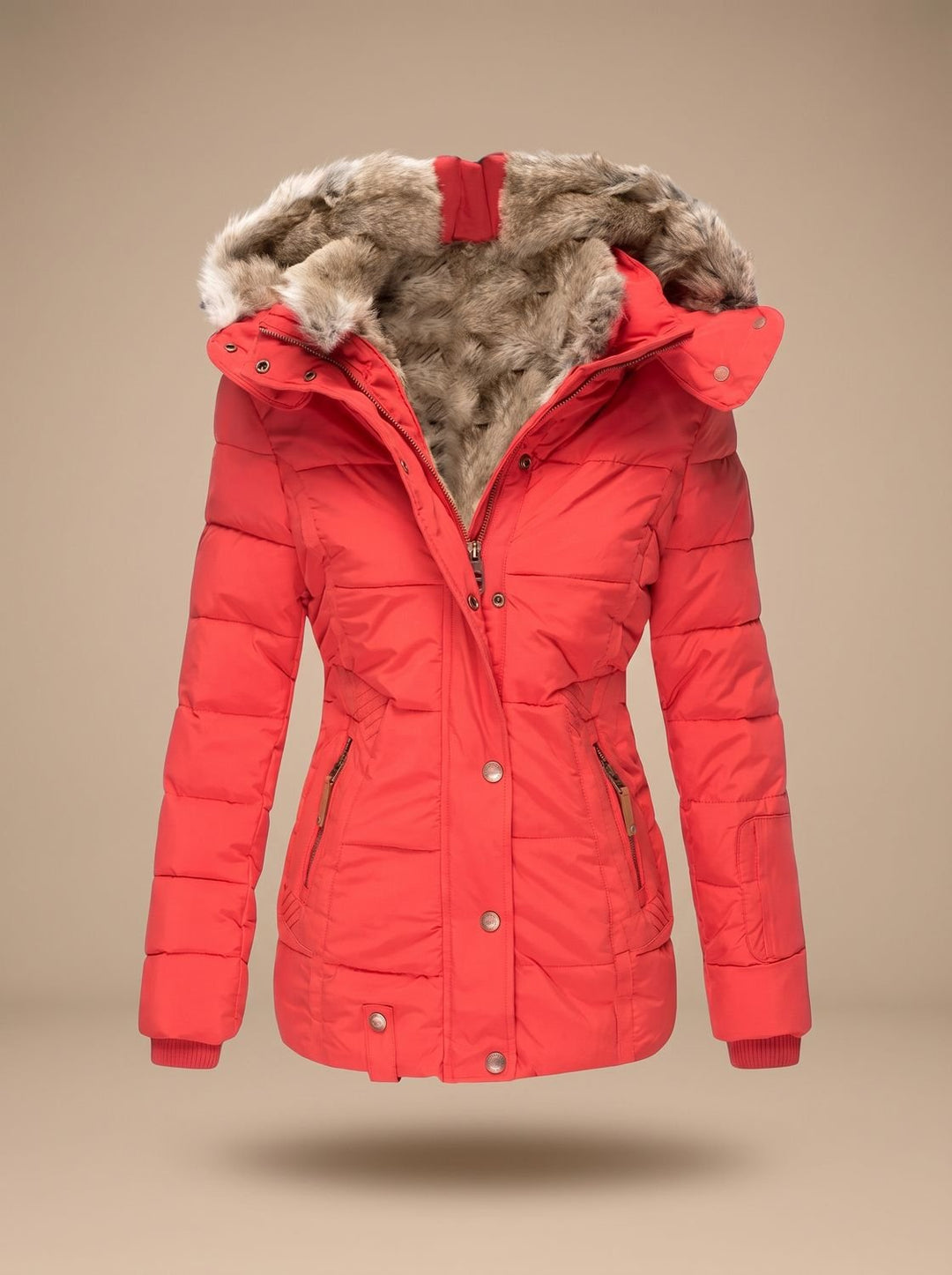 Women's Faux-Fur Hooded Quilted Puffer Winter Coat - Red