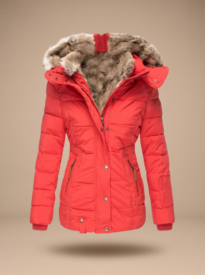 Women's Faux-Fur Hooded Quilted Puffer Winter Coat - Red