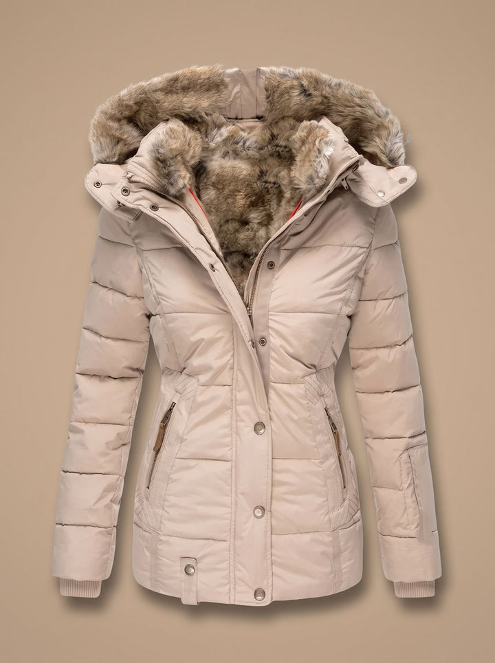 Women's Faux-Fur Hooded Quilted Puffer Winter Coat - Beige