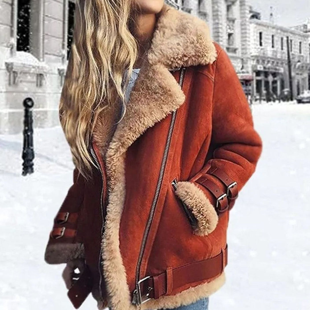 Women's Faux Fur Lined Oversized Suede Moto Jacket - Orange