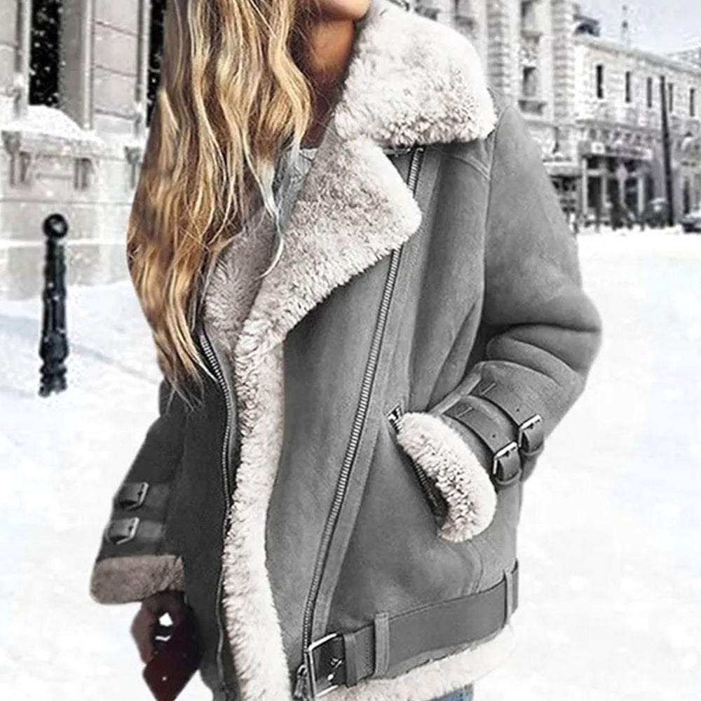 Women's Faux Fur Lined Oversized Suede Moto Jacket - Gray
