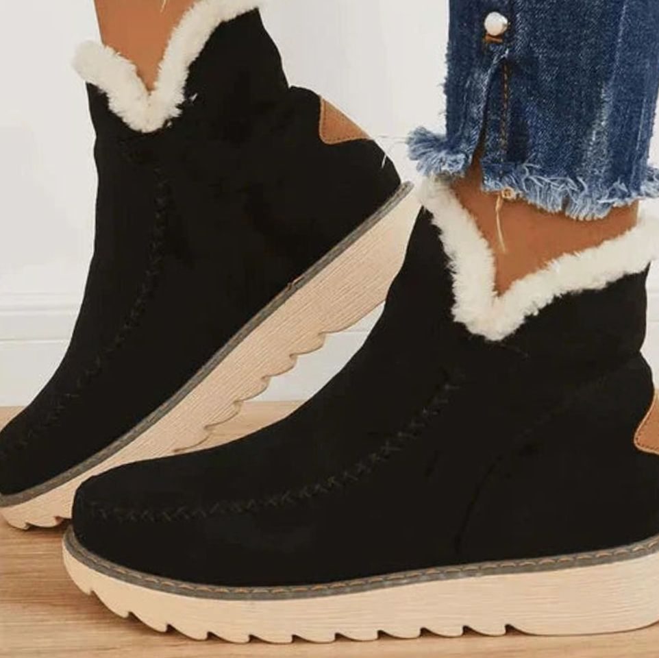 Women's Faux-Fur Lined Slip-On Warm Winter Ankle Boots - Black