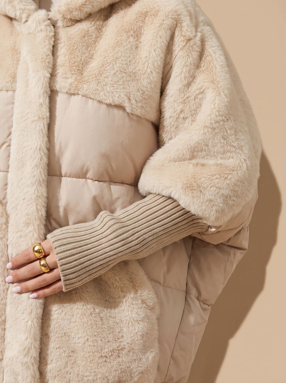 Women's Faux Fur Quilted Plush Hooded Coat - Beige