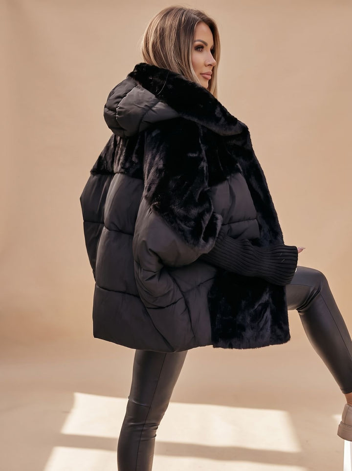 Women's Faux Fur Quilted Plush Hooded Coat - Black