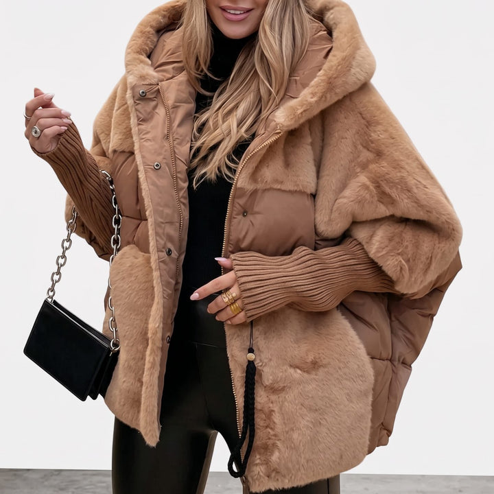 Women's Faux Fur Quilted Plush Hooded Coat - Brown