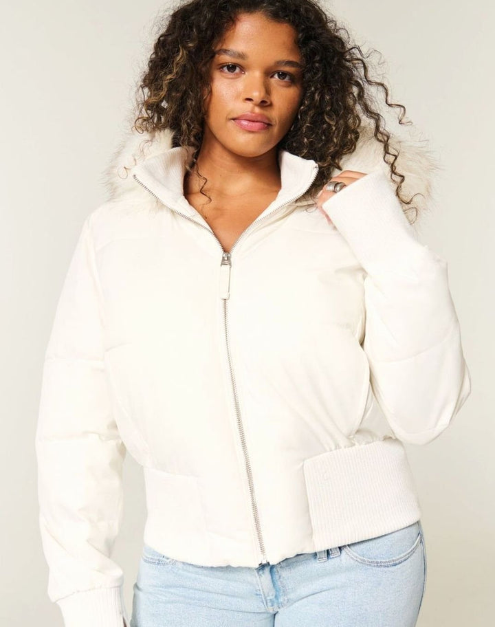 Women's Faux-Fur Trim Cropped Puffer Hooded Jacket - White