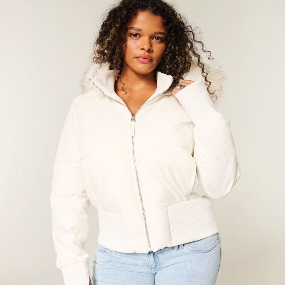 Women's Faux-Fur Trim Cropped Puffer Hooded Jacket
