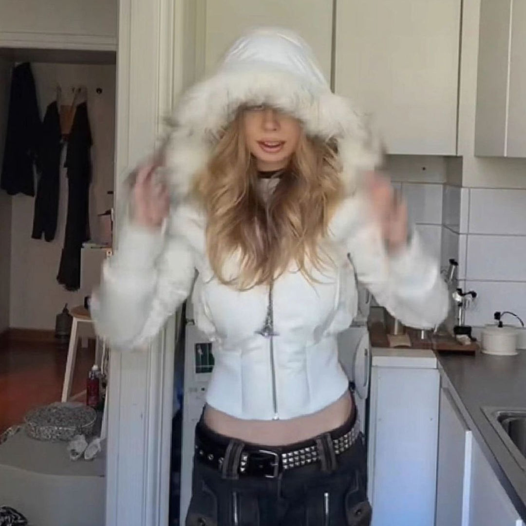 Women's Faux-Fur Trim Cropped Puffer Hooded Jacket
