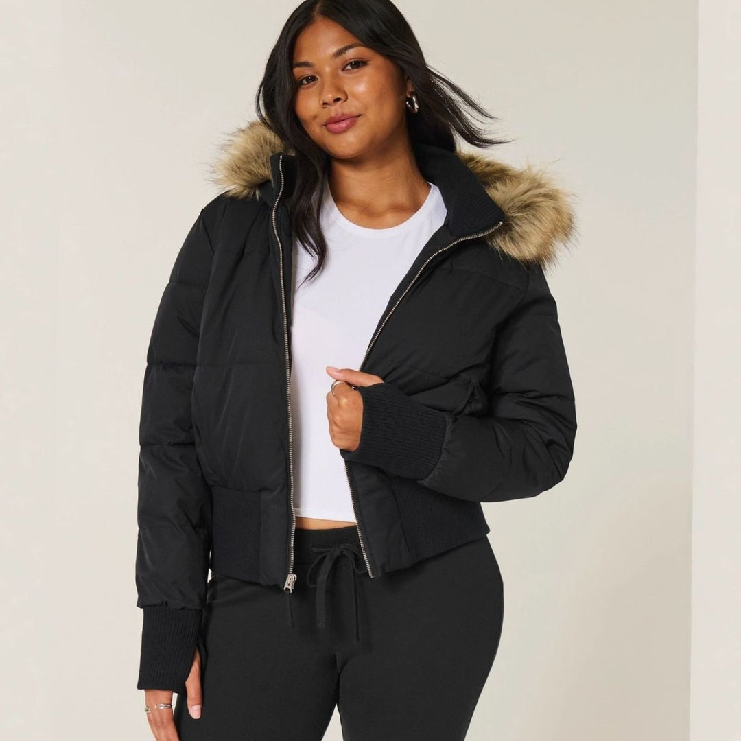 Women's Faux-Fur Trim Cropped Puffer Hooded Jacket