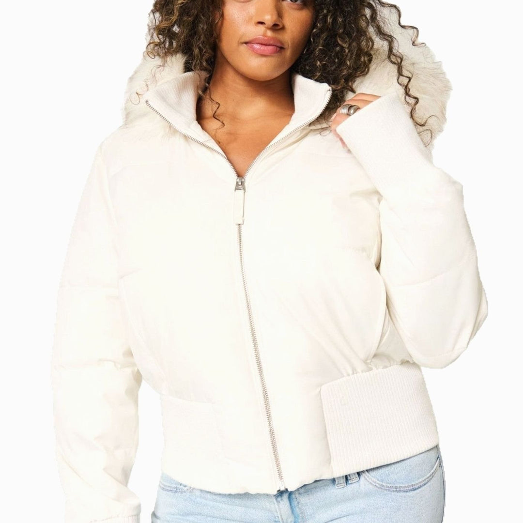 Women's Faux-Fur Trim Cropped Puffer Hooded Jacket