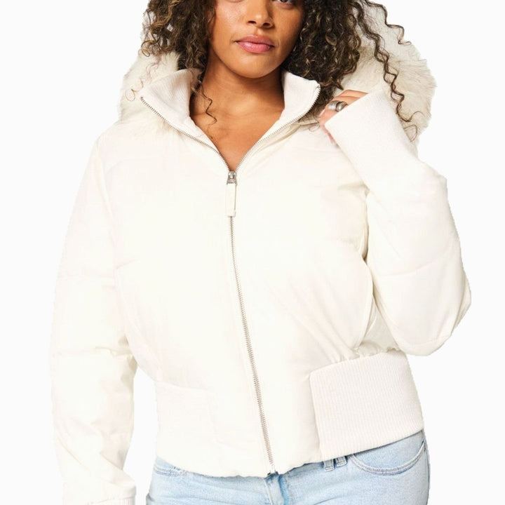 Women's Faux-Fur Trim Cropped Puffer Hooded Jacket