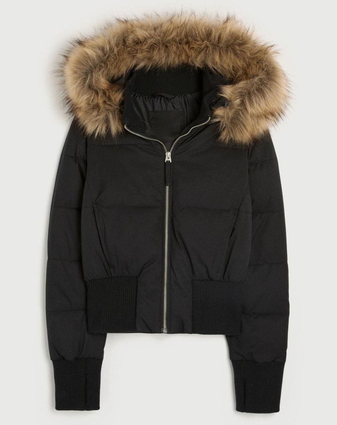 Women's Faux-Fur Trim Cropped Puffer Hooded Jacket - Black