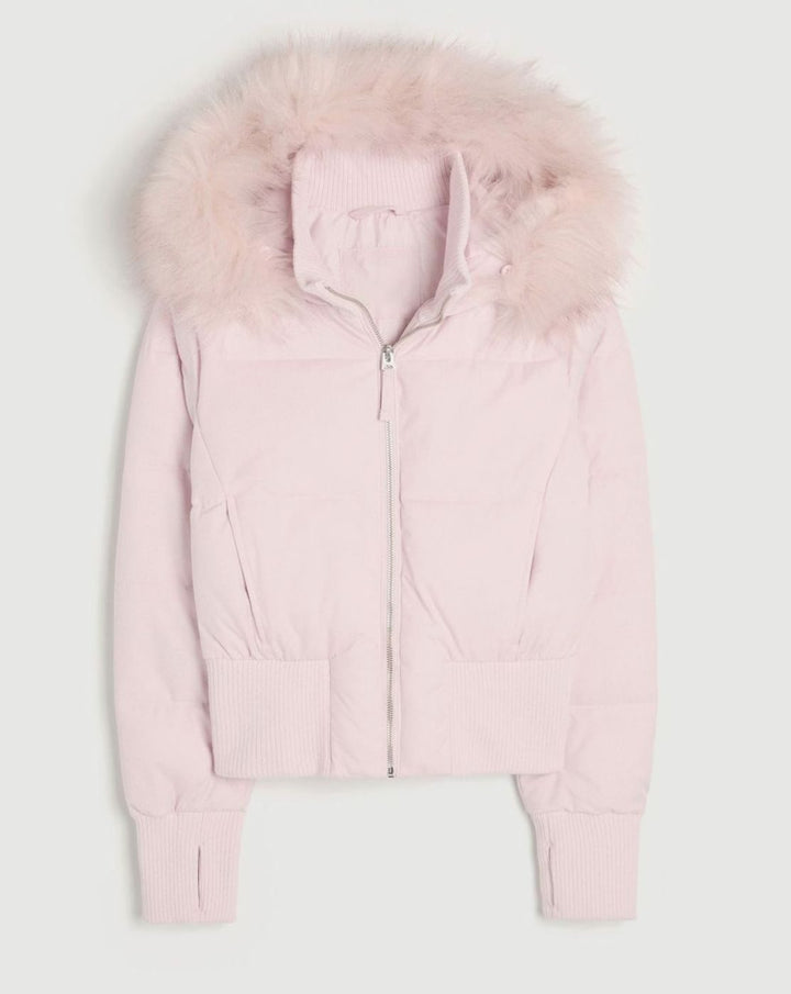 Women's Faux-Fur Trim Cropped Puffer Hooded Jacket - Pink