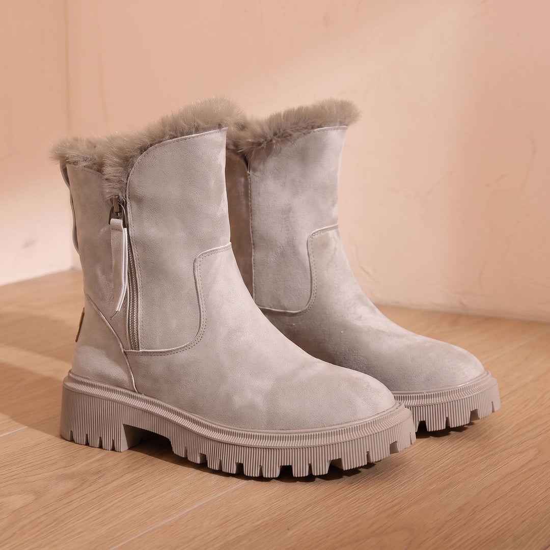 Women's Faux Fur-Trim Suede-Look Winter Ankle Boots - Apricot