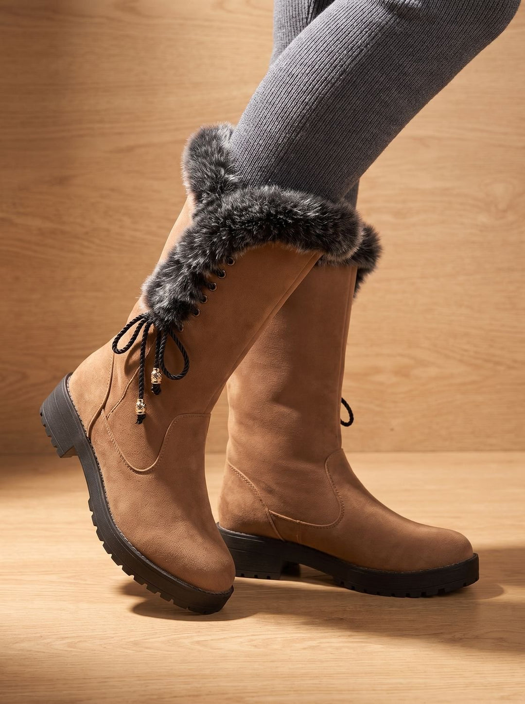 Women's Faux-Fur Trimmed Knee-High Block Heel Snow Boots - Yellow