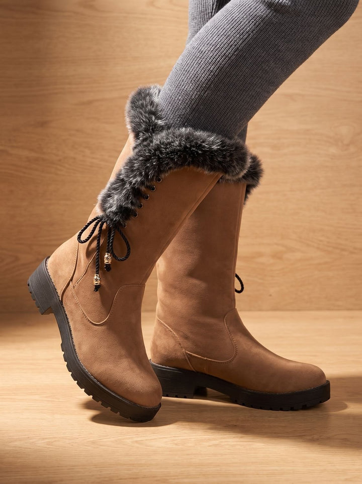 Women's Faux-Fur Trimmed Knee-High Block Heel Snow Boots - Yellow