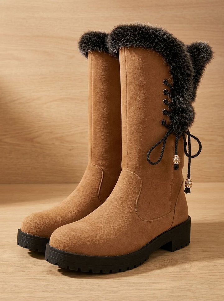 Women's Faux-Fur Trimmed Knee-High Block Heel Snow Boots