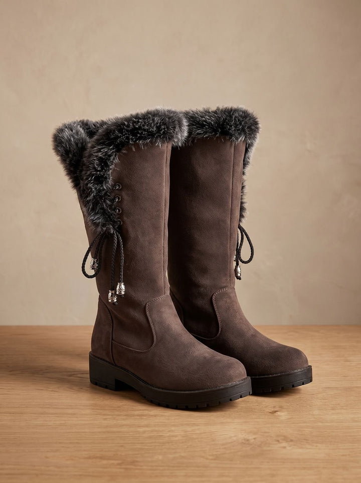 Women's Faux-Fur Trimmed Knee-High Block Heel Snow Boots - Dark Brown
