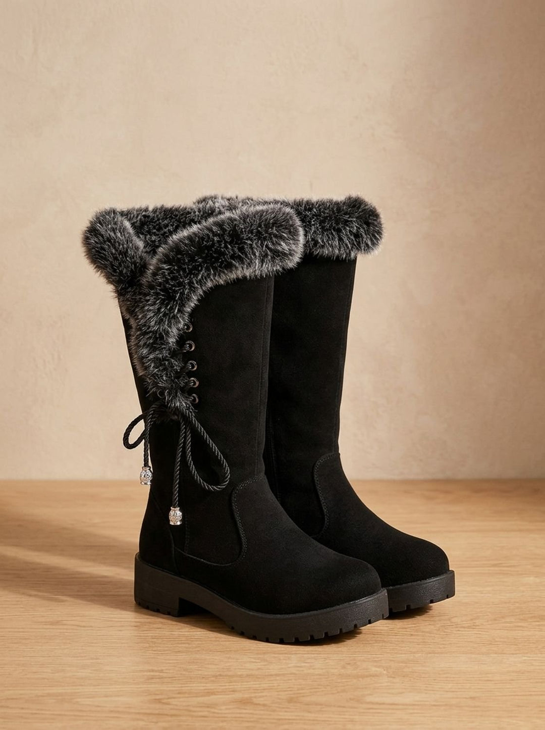 Women's Faux-Fur Trimmed Knee-High Block Heel Snow Boots - Black