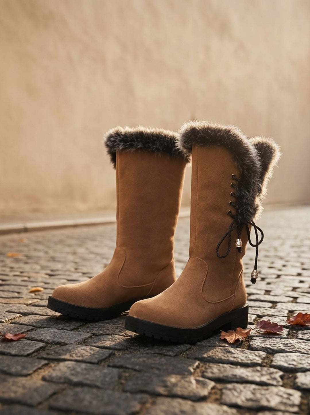Women's Faux-Fur Trimmed Knee-High Block Heel Snow Boots
