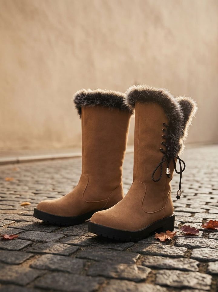 Women's Faux-Fur Trimmed Knee-High Block Heel Snow Boots