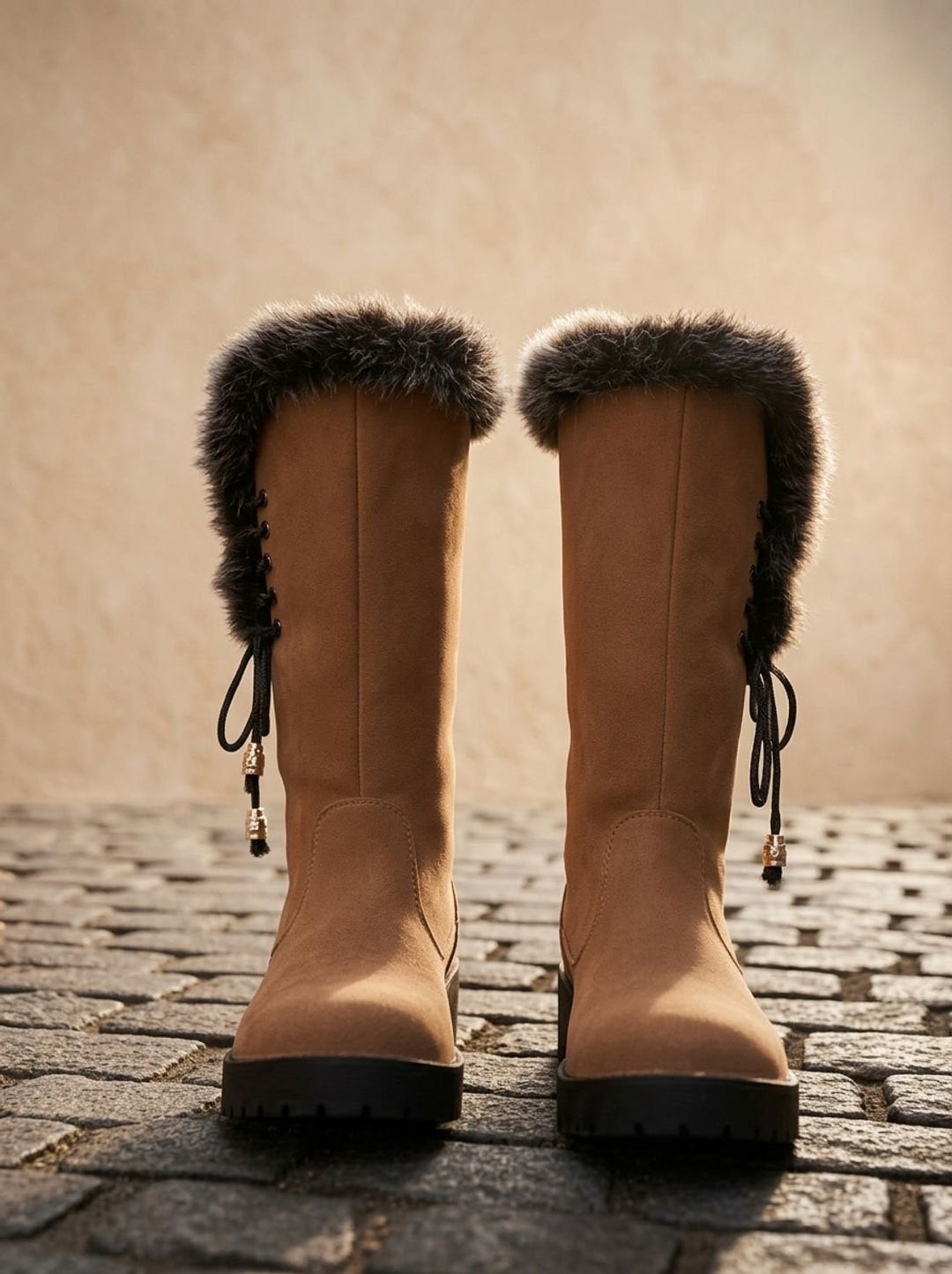 Women's Faux-Fur Trimmed Knee-High Block Heel Snow Boots