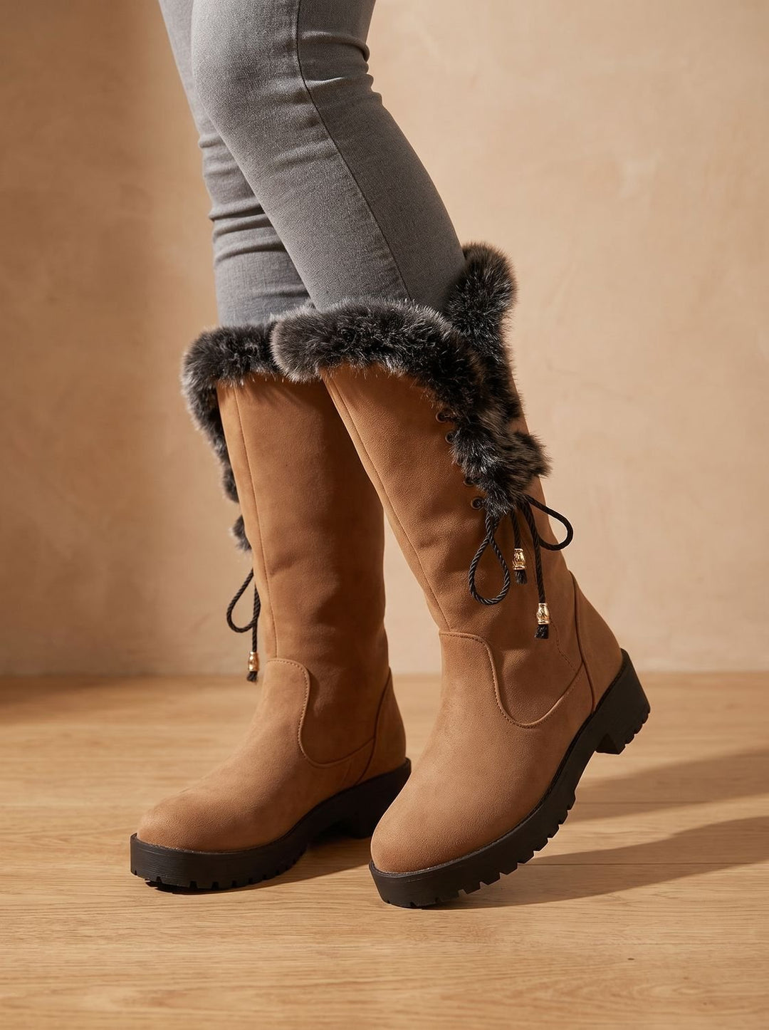 Women's Faux-Fur Trimmed Knee-High Block Heel Snow Boots